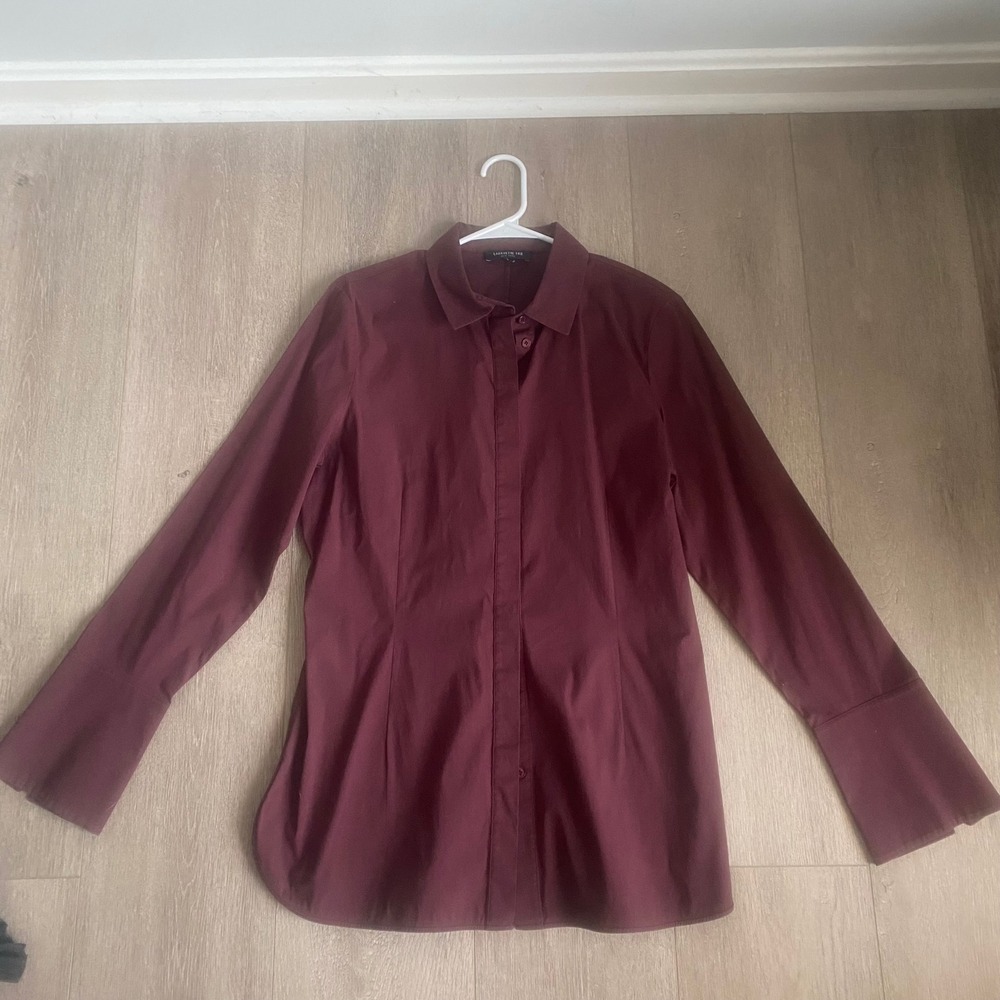 Lafayette 148 New York Maroon Long Sleeve Button Down Tunic Size Large